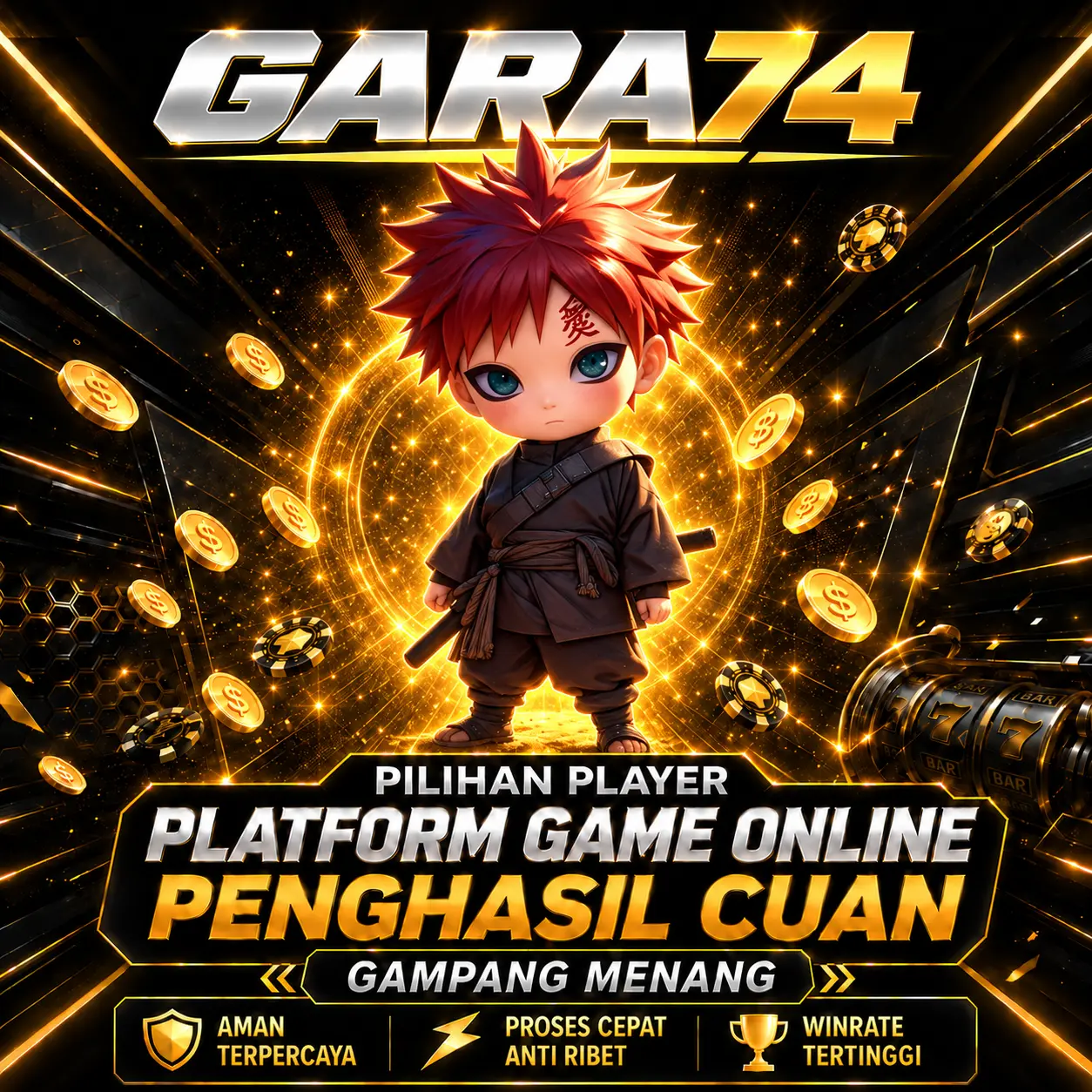Banner Gara74 bertema hitam dan emas, dengan ilustrasi karakter platform game online.